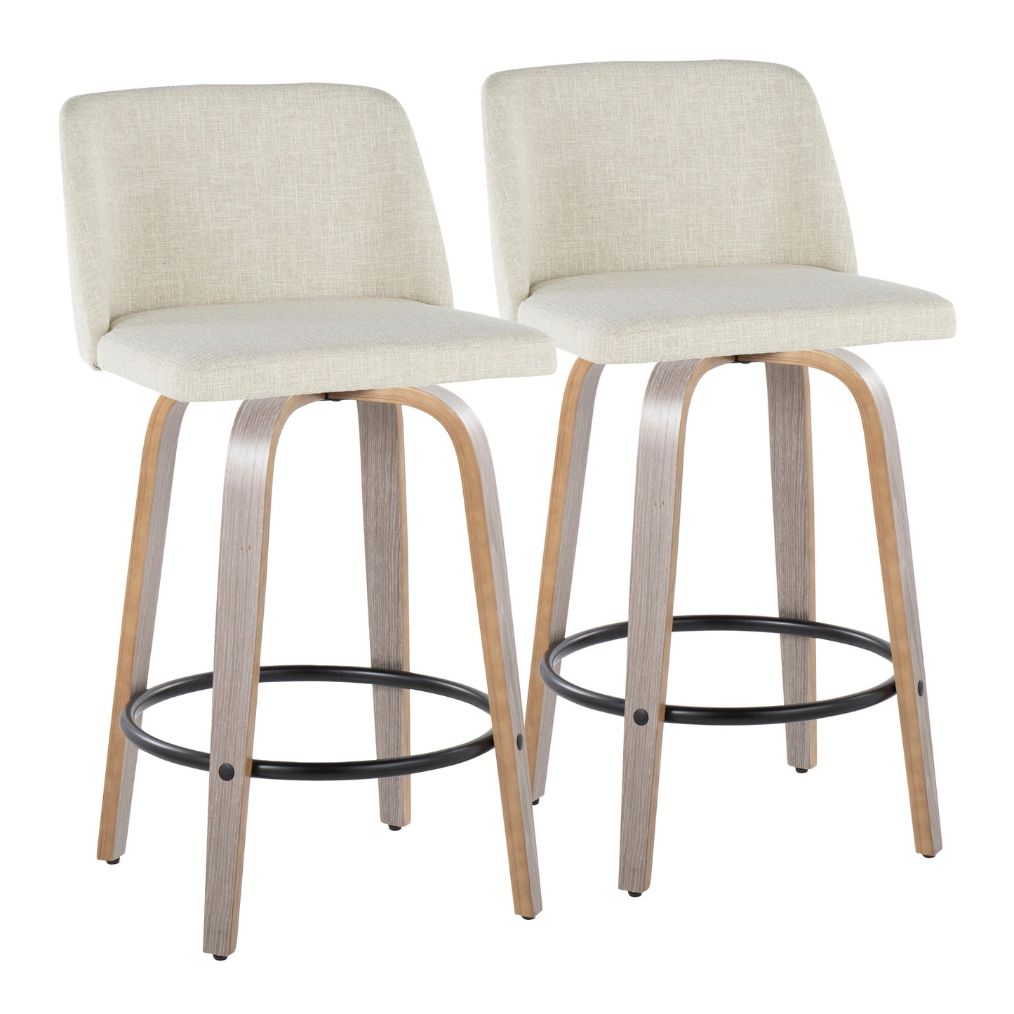 Tynan - Set of 2 - 24" Light Grey Wood Counter Stools with Swivel Cream Upholstery and Round Black Footrest