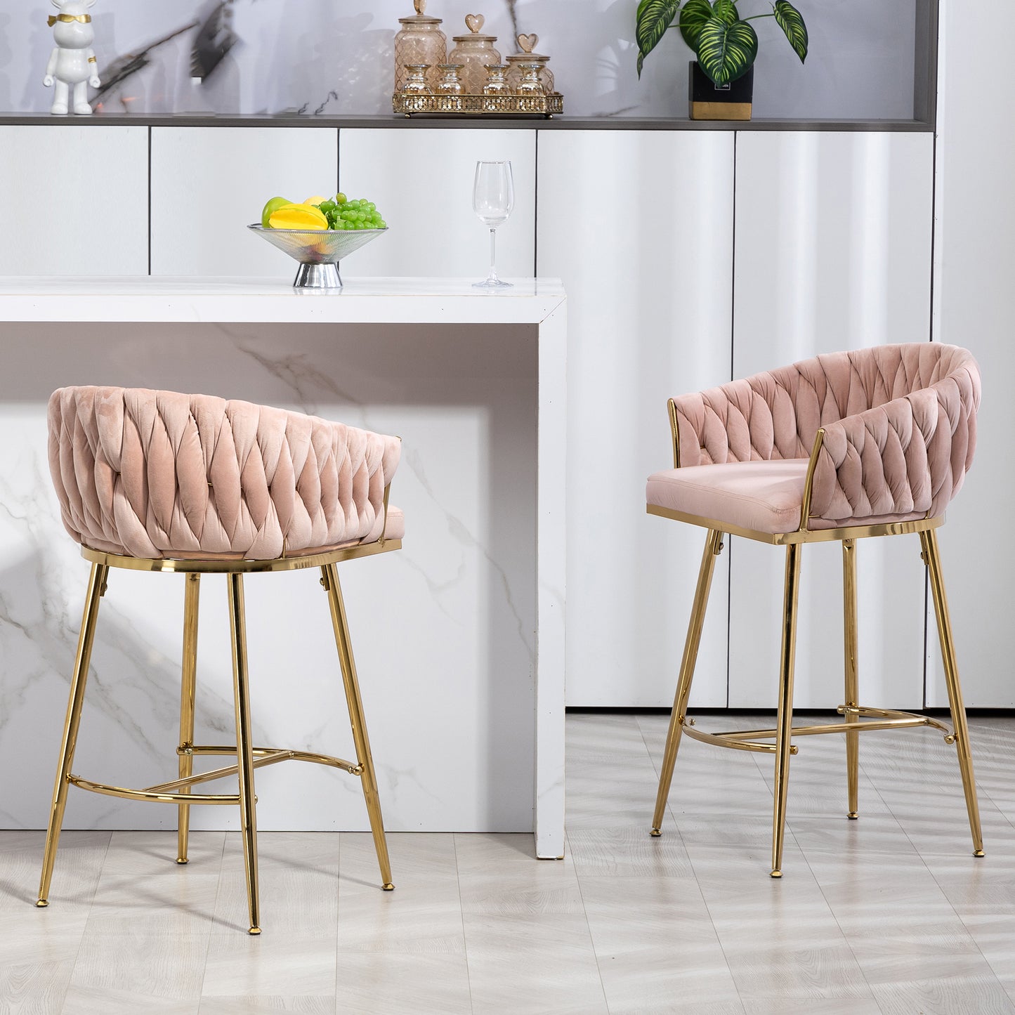 Calista - Set of 2 - 26" Pink Velvet Counter Height Bar Stools with Hand-Wave Back, Golden Chrome Base, and Footrest