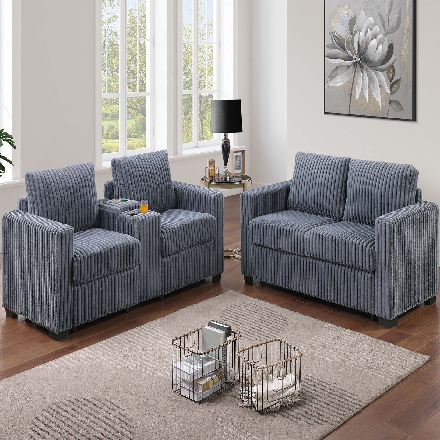 Modern Style 2 Piece Sofa Set With Cup Holders & Charging Port
