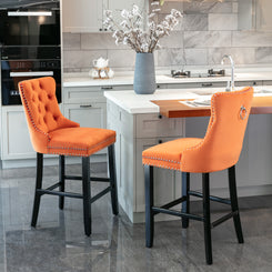 Sorrento - Set of 2 - 24.4" Orange Velvet Upholstered Barstools with Button Tufted Back, Wooden Legs & Chrome Nailhead Trim