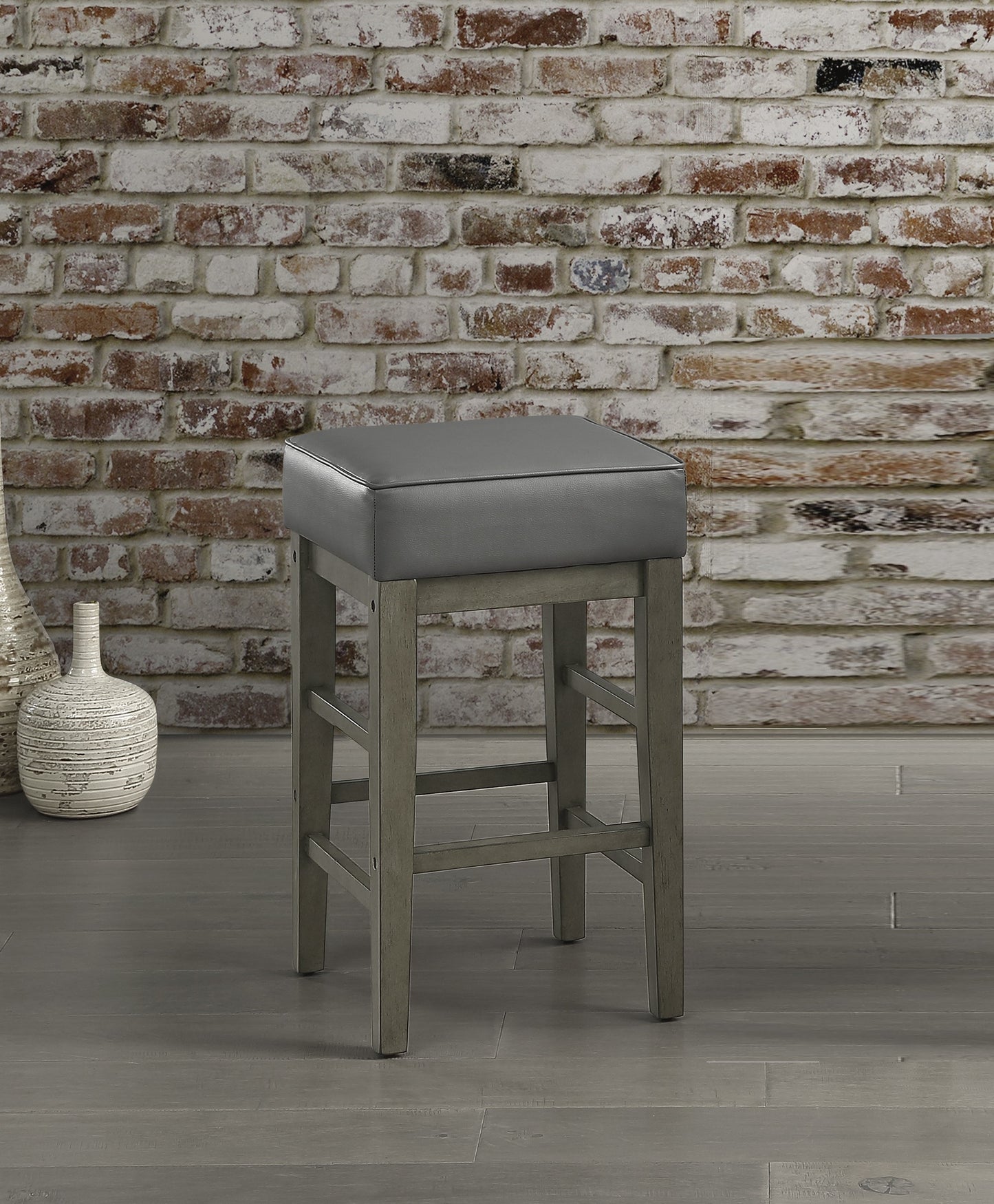 Pittsville - Set of 2 - 24" Antique Grey Solid Wood Counter Stools with Faux Leather Upholstery