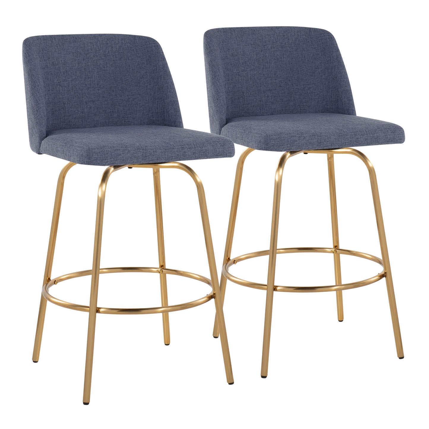 Theoden - Set of 2 - 26" Contemporary Fixed-Height Swivel Counter Stools, Blue Fabric with Gold Metal Base and Footrest by LumiSource