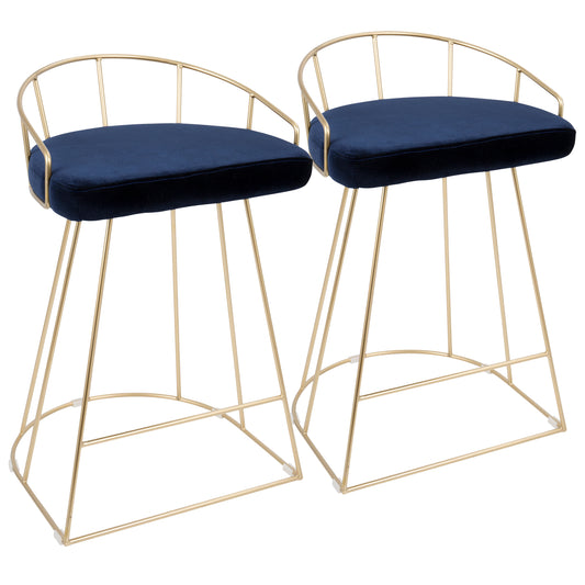 Solace - Set of 2 - 26" Blue Velvet Counter Stools with Gold Frame