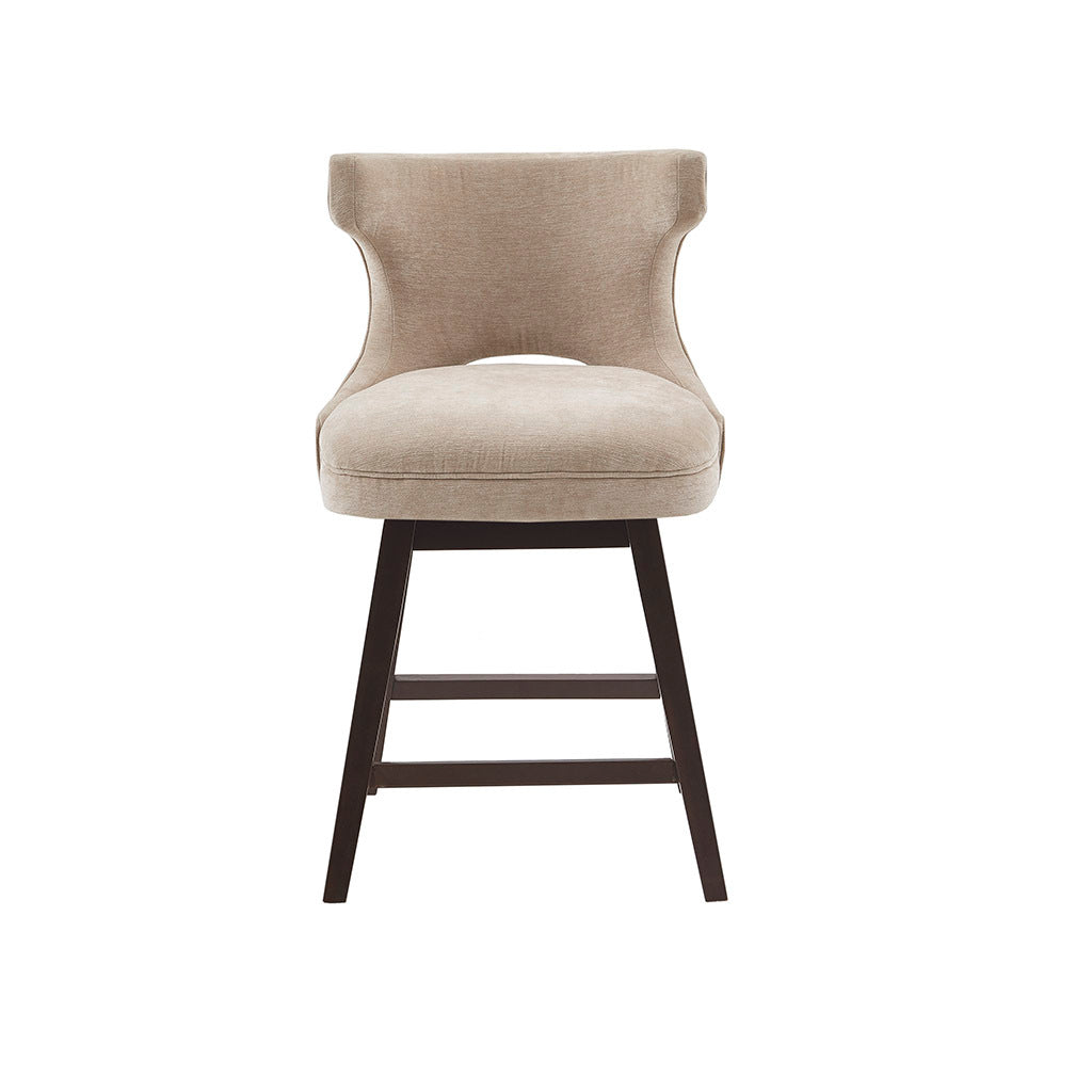 Vissari - Set of 2 -26" Beige Swivel Counter Stools with Nailhead Detailing & Dark Coffee Wood Legs