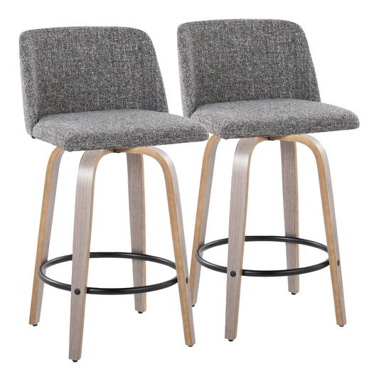 Tyrell - Set of 2 - 24" Light Grey Fabric Swivel Counter Stools with Black Metal Footrest