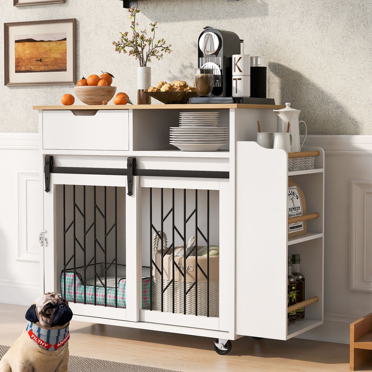 Modern Style 2 In 1 Pet Friendly Dog Crate Kitchen Island End Table Metal Pine - Natural / White