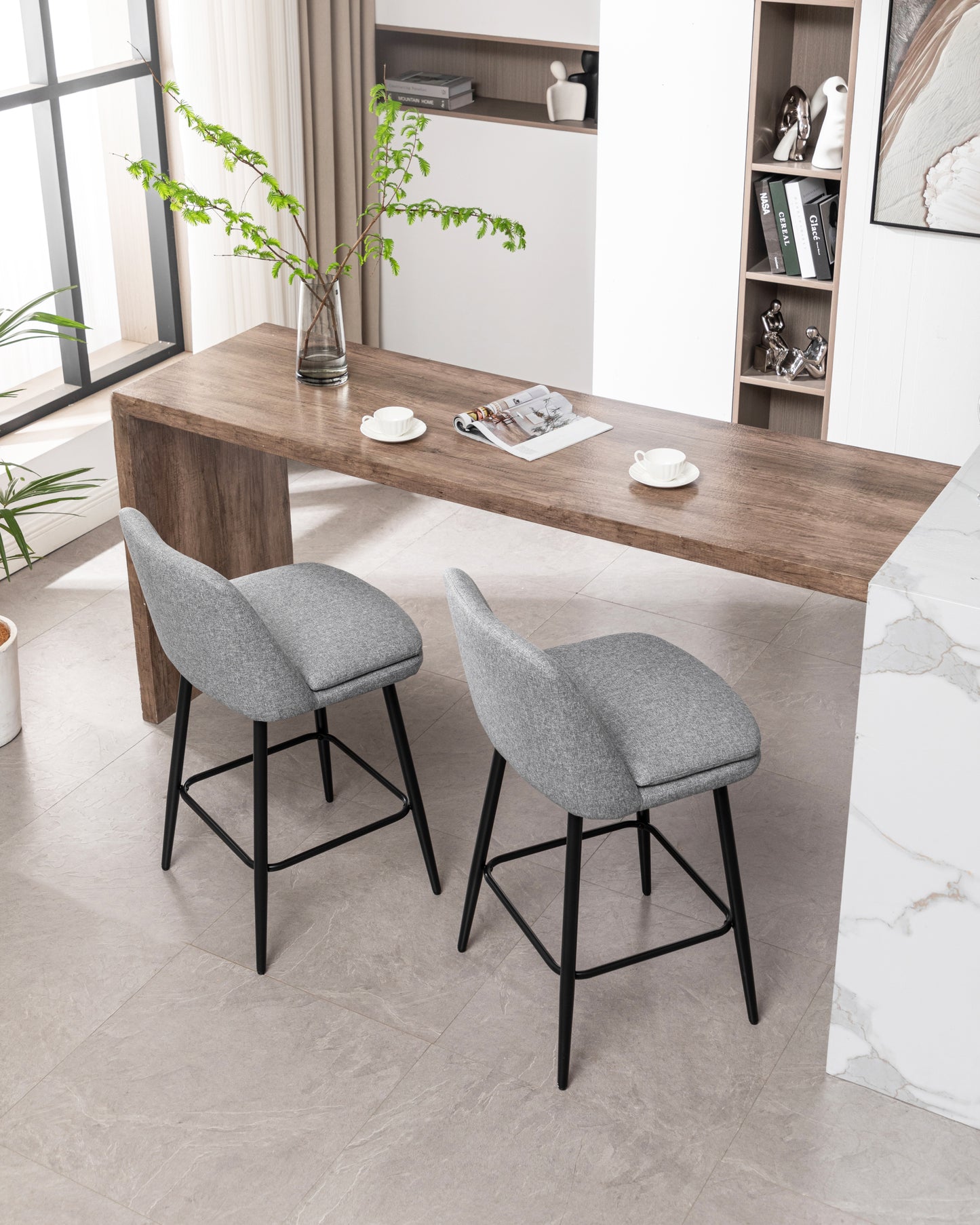 Vectoria 26" - Set of 2 - Light Grey Upholstered Swivel Counter Height Bar Stools with Metal Legs, 360° Swivel, and High Back, 25.6" Seat Height