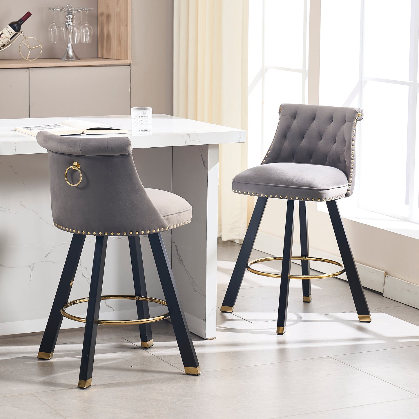 Evra - Set of 2 - Dark Gray Velvet Bar Stools with 360° Swivel, Rivet Detailing, and 26" Seat Height