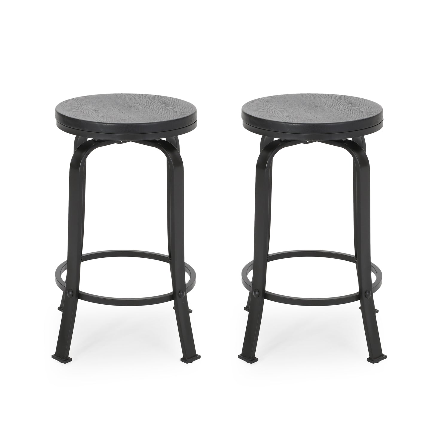 Hemlock - Set of 2 - 25" Black Swivel Counter Stools with Faux Wood Seat and High Back