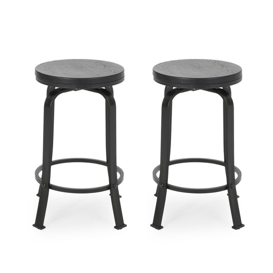 Hemlock - Set of 2 - 25" Black Swivel Counter Stools with Faux Wood Seat and High Back