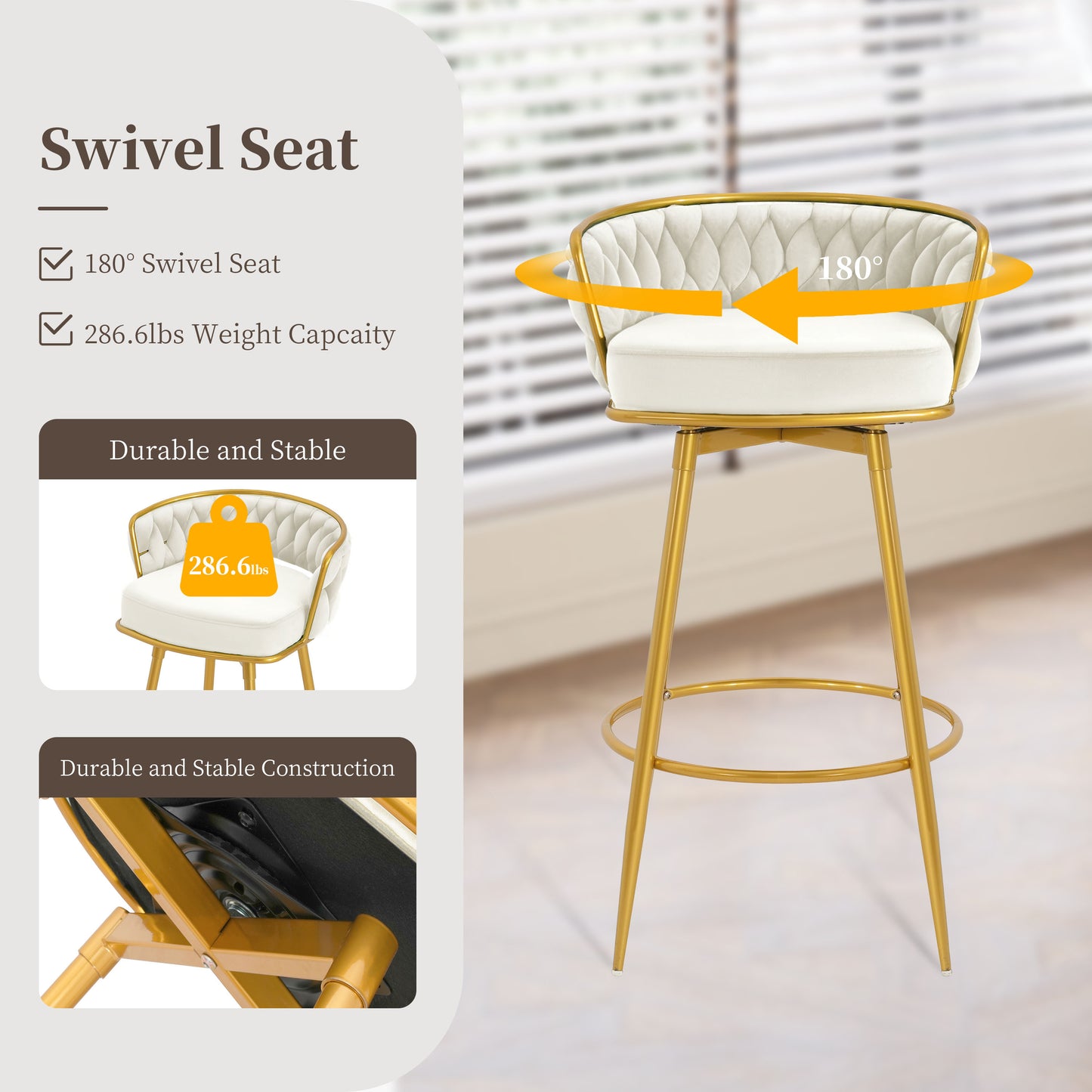 Stalbrook - Set of 2 - 31.5” Swivel Counter Height Bar Stools with Hand-Woven Backrest, Gold Metal Legs, Beige Upholstered Seats