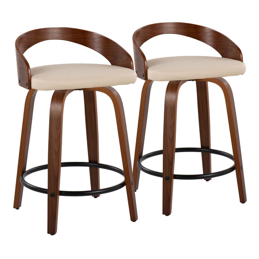 Gianno- Set of 2 - 24" Walnut Wood Mid-Century Modern Counter Stools with Cream Faux Leather and Swivel