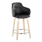 Corvus - Set of 2 - 24" Contemporary Swivel Counter Stools in Black Faux Leather with Natural Wood Base and Chrome Footrest