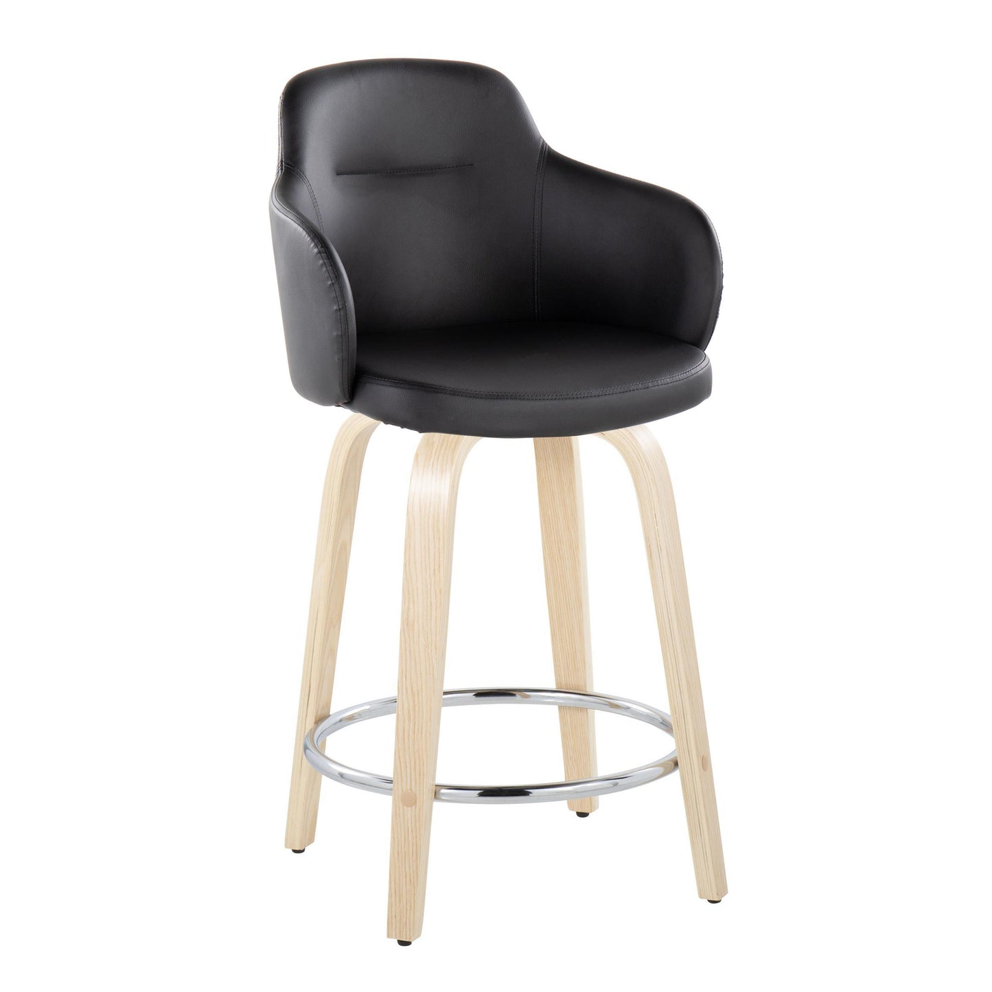 Corvus - Set of 2 - 24" Contemporary Swivel Counter Stools in Black Faux Leather with Natural Wood Base and Chrome Footrest