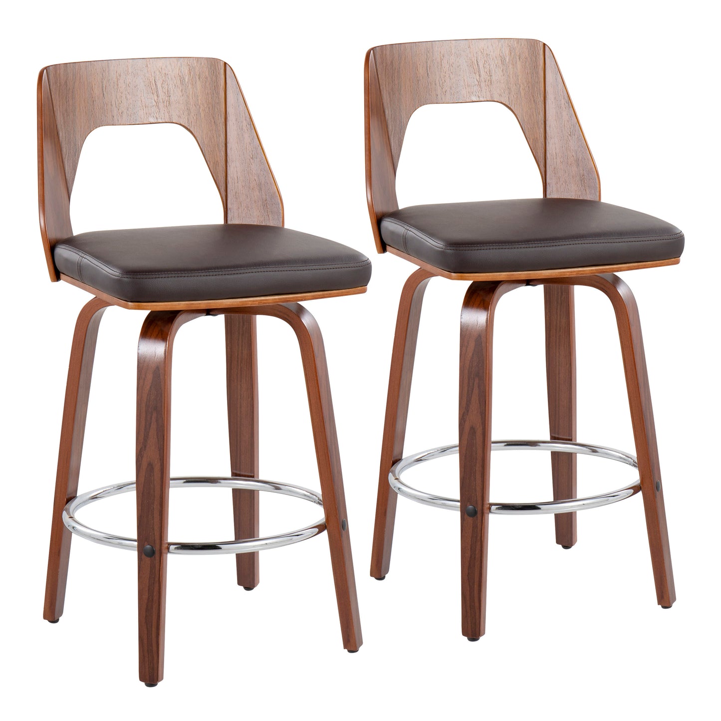 Trilogy - Set of 2 - 20" Walnut Mid-Century Modern Counter Stools with Brown Faux Leather Upholstery