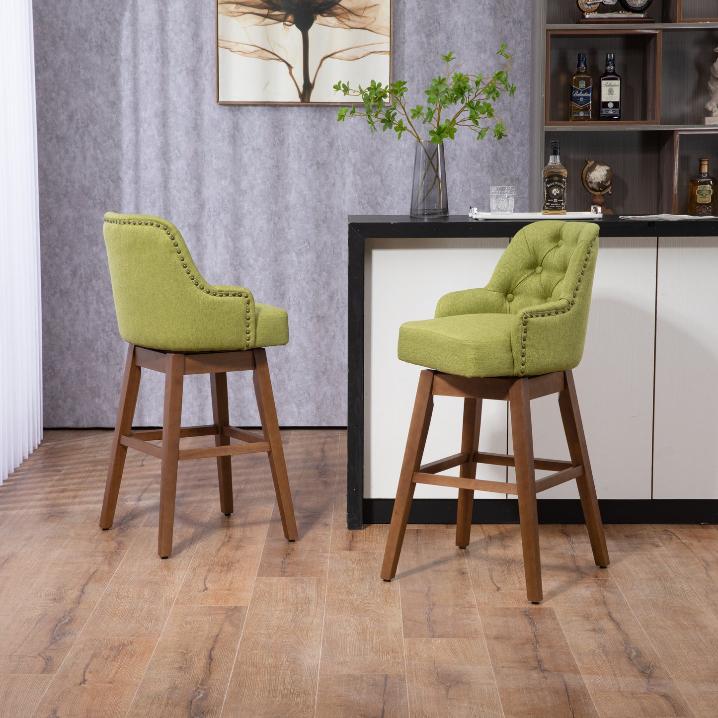 Olive - Set of 2 - 27"  Linen Swivel Counter Stools Seat with Solid Wood Legs - 360° Rotation for Kitchen & Dining Room