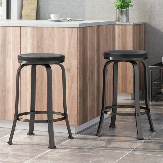 Hemlock - Set of 2 - 25" Black Swivel Counter Stools with Faux Wood Seat and High Back