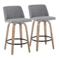 Taven - Set of 2 - 26" Whitewashed Wood & Grey Fabric Swivel Counter Stools with Black Metal Footrest, Fixed Height, Contemporary Design