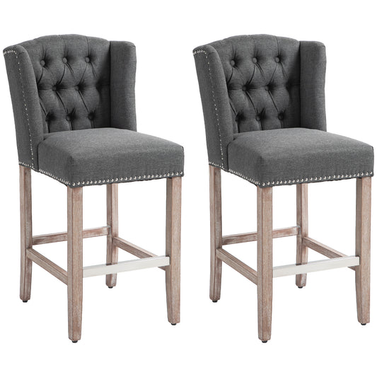 Halerion - Set of 2 - 27" Dark Gray Upholstered Counter Height Bar Stools with Tufted Back, Nailhead Trim, and Wooden Legs – Farmhouse Kitchen Island Stools