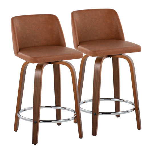 Torin - Set of 2 - 24" Mid-Century Modern Fixed-Height Swivel Counter Stools in Walnut Wood & Camel Faux Leather with Chrome Metal Footrest