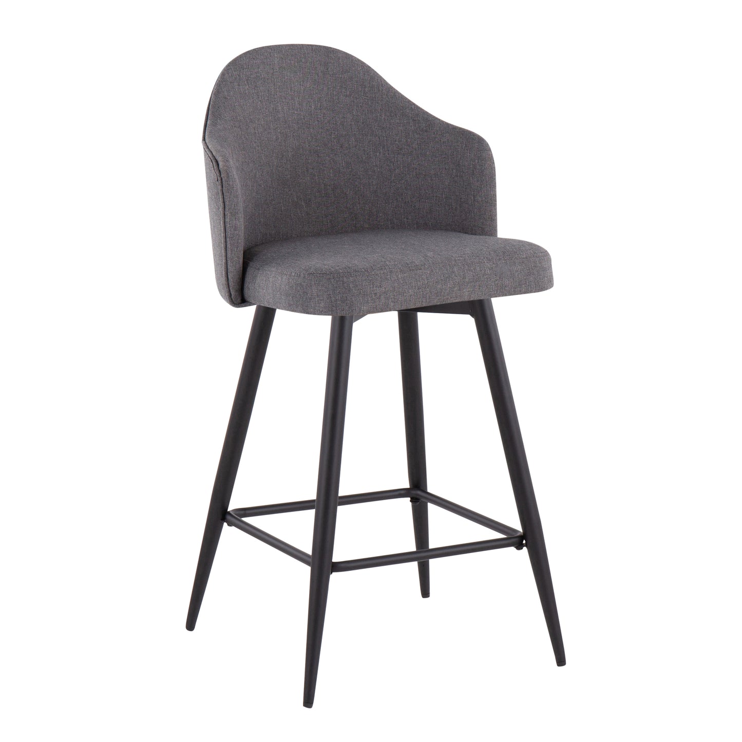 Amarae - Set of 2 - 26" Fixed-Height Counter Stools with Grey Fabric Seat, Black Metal Legs, and Square Footrest