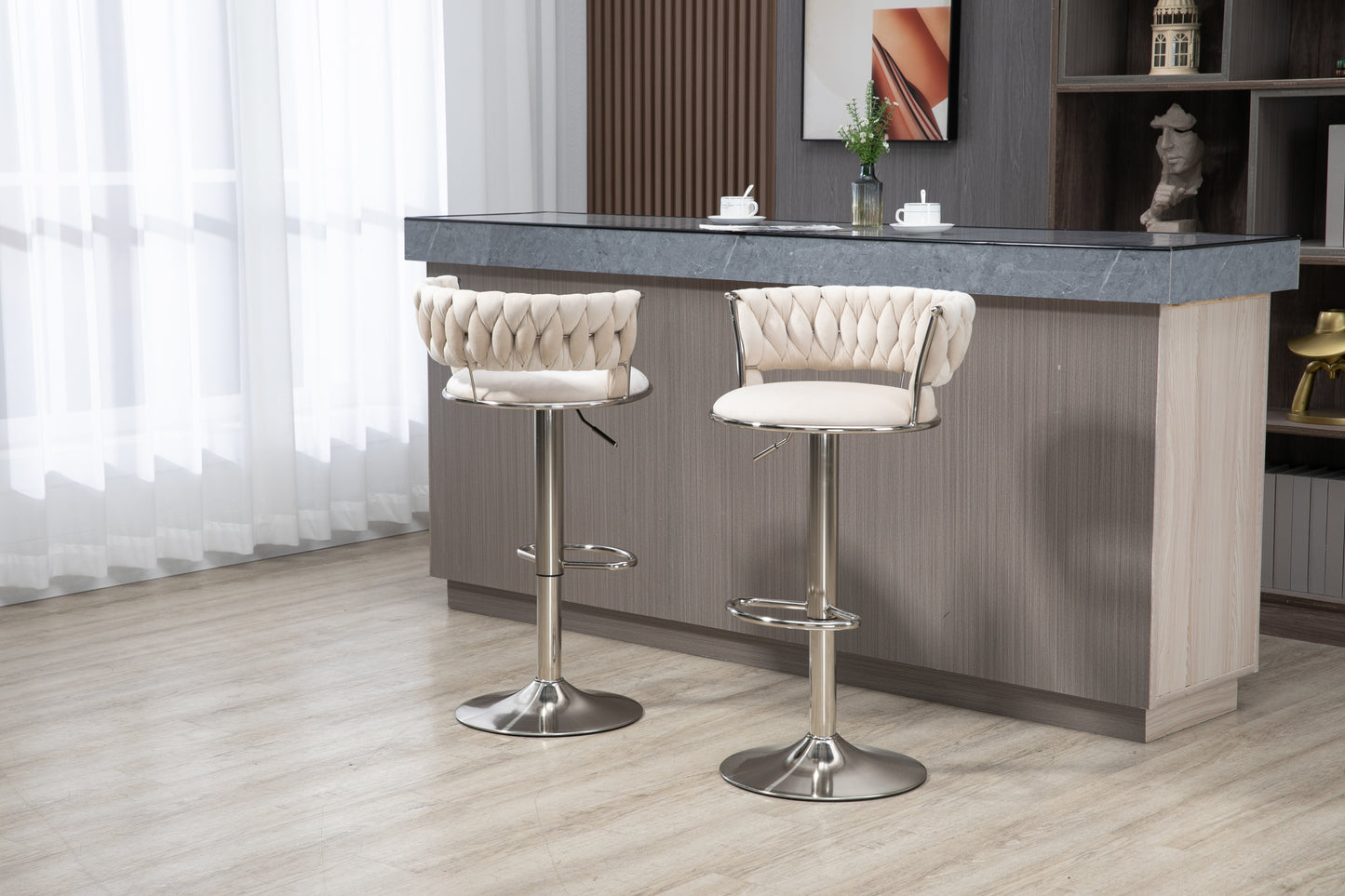 Mynroe - Set of 2 - Ivory Swivel Adjustable Counter Height Bar Stools with Footrest