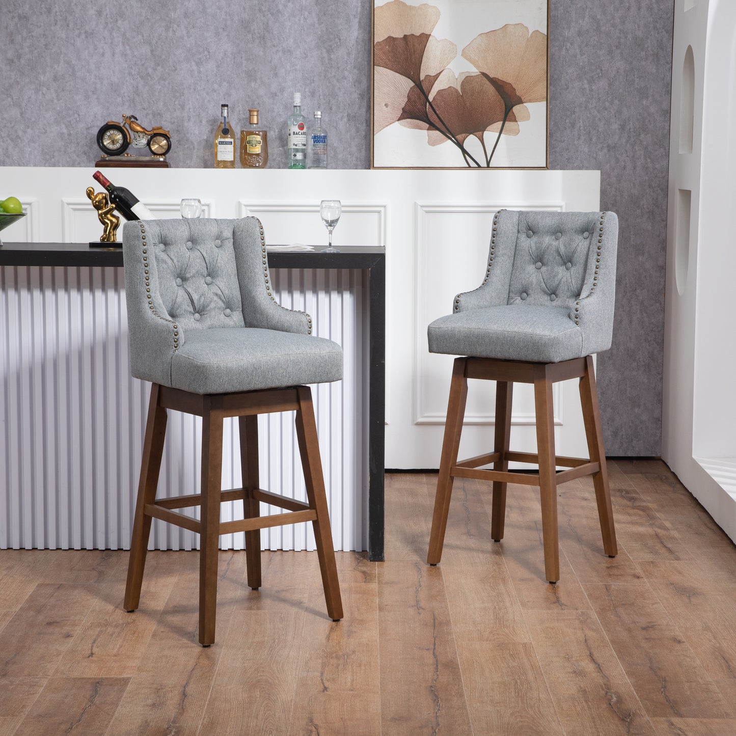 Eric - Set of 2 - 30" Gray Linen Swivel Bar Stools with Button-Tufted Backrest, Solid Wood Legs, Seat Height