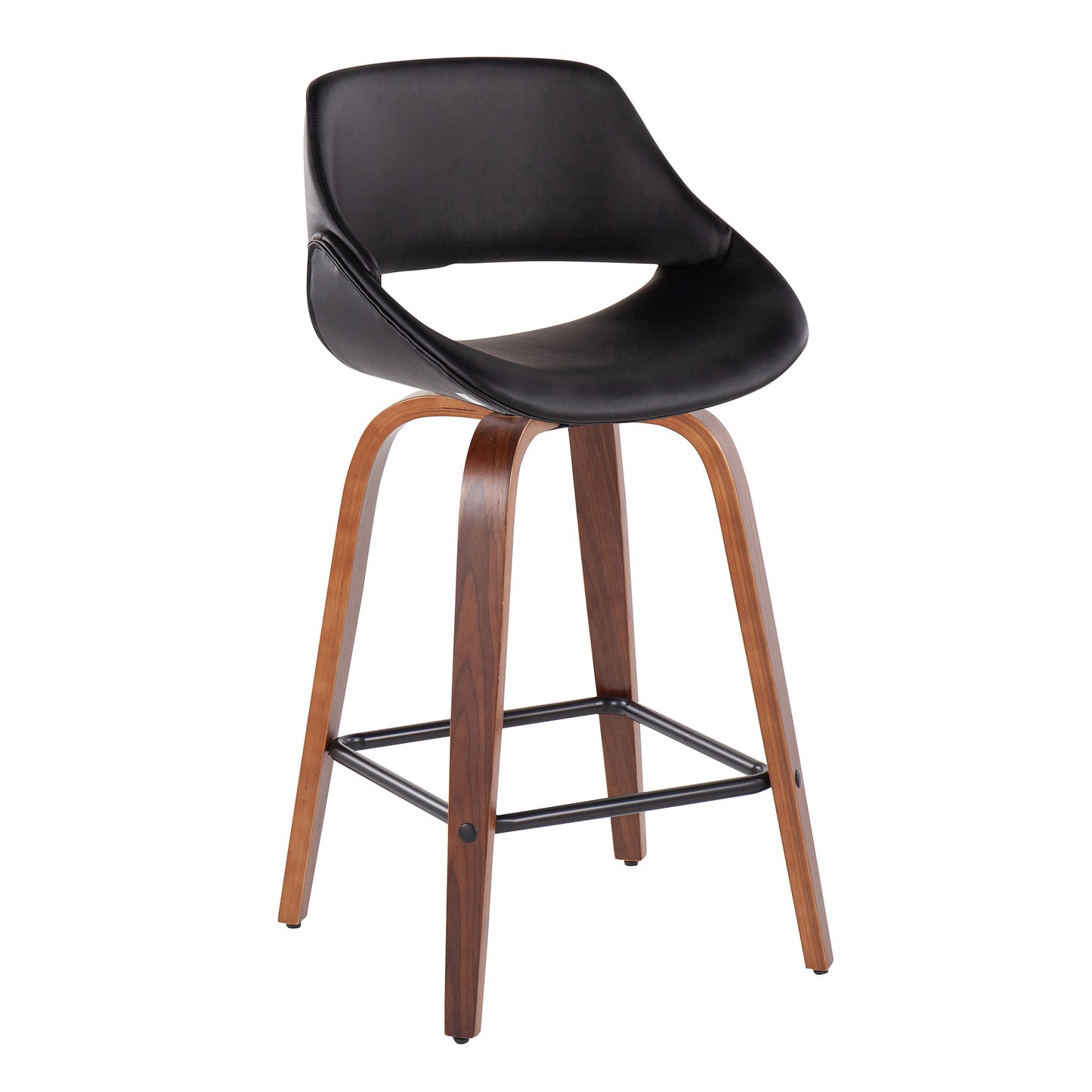 Verto - Set of 2 - 26" Walnut Wood Counter Stools Seat Height Black Polyurethane Upholstery with Swivel & High Back