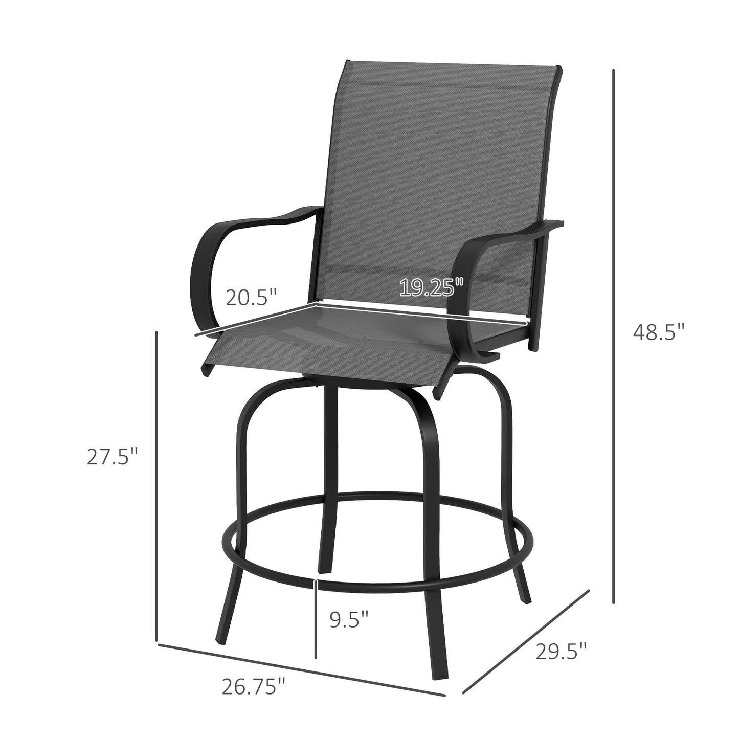 Outsunny - Set of 2 - 27" Swivel 360% Bar Stools with High-Density Mesh Fabric, Steel Frame, Armrests, and Backrest – Outdoor Patio Chairs for Balcony, Poolside, Backyard