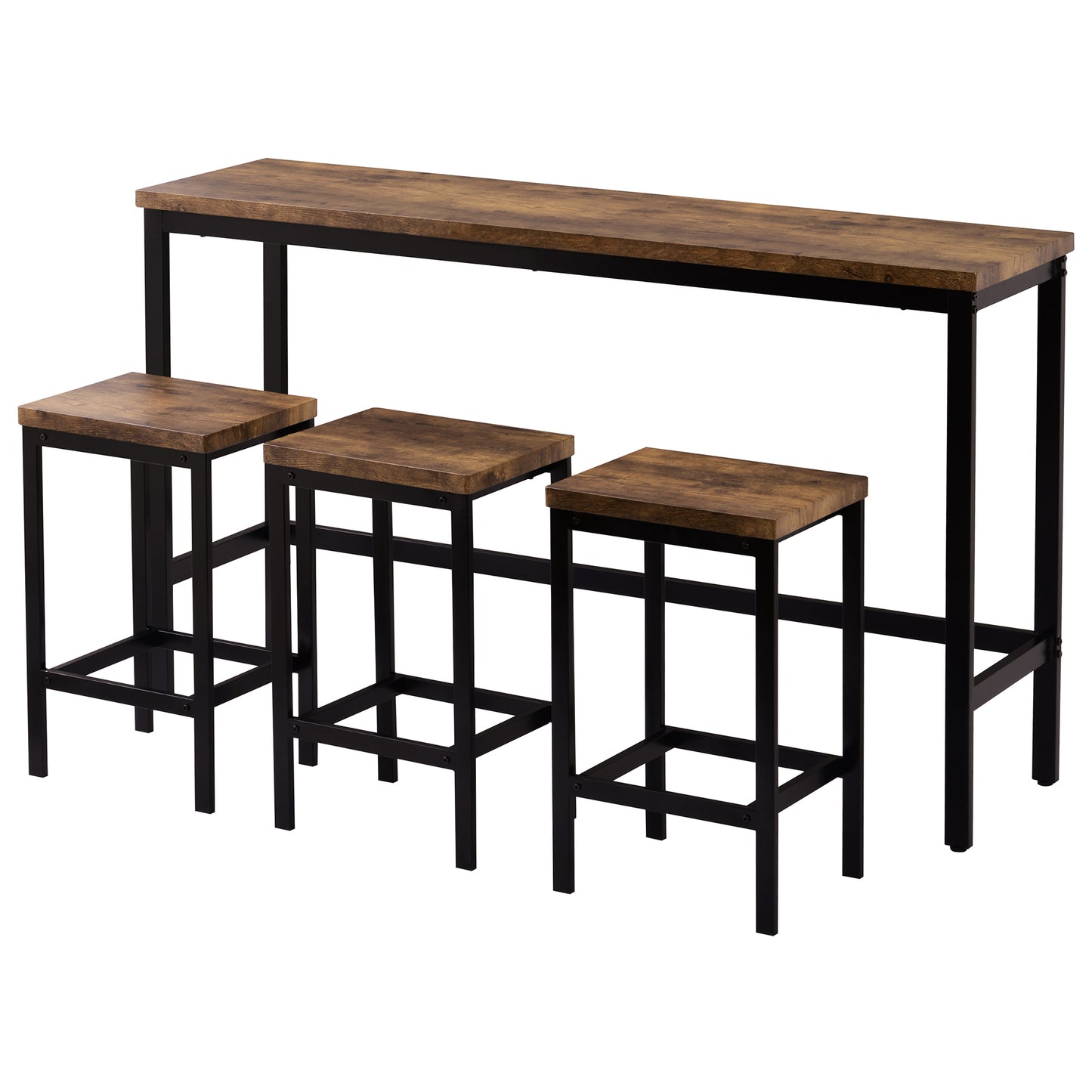 Thalor - Set of 2 - 24" Counter Height Stools with Extra Long 60.2" Brown Table and Footrest, Space-Saving Design
