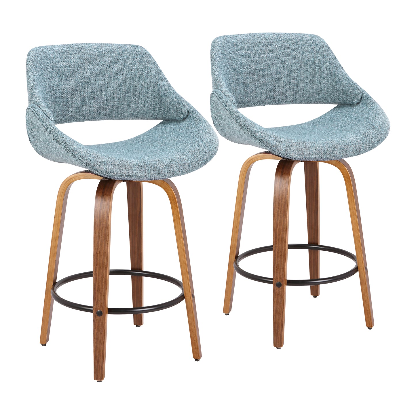 Vintara - Set of 2 - 24" Walnut and Blue Noise Mid-Century Modern Counter Stools with Swivel Upholstered Seats