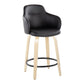 Calix - Set of 2 -24" Black Faux Leather Swivel Counter Stools with Natural Wood Legs and Round Black Metal Footrest