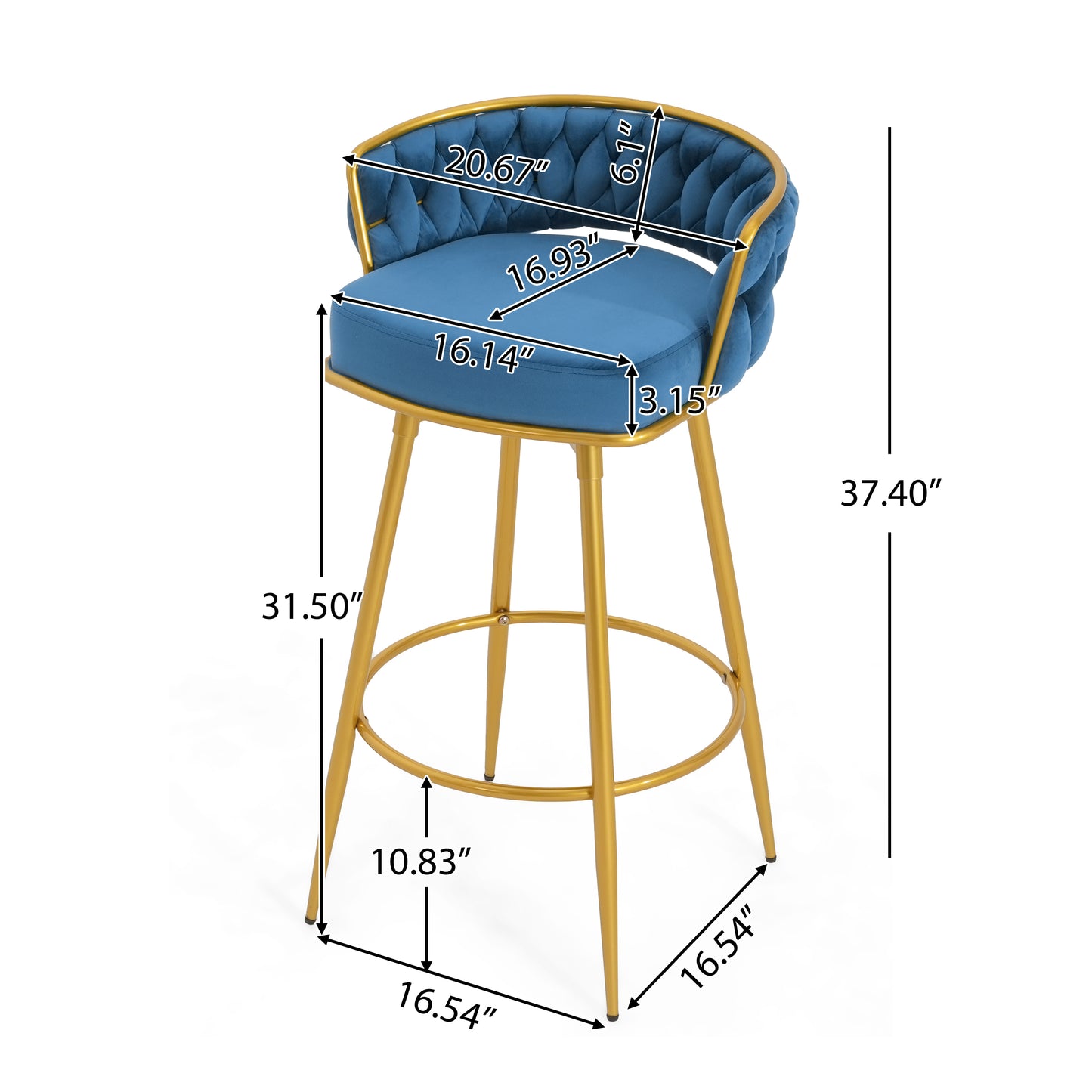 Lyma - Set of 2 - 30" Swivel Counter Height Bar Stools with Hand-Woven Backrest & Gold Metal Legs, Upholstered Velvet Kitchen Chairs in Blue