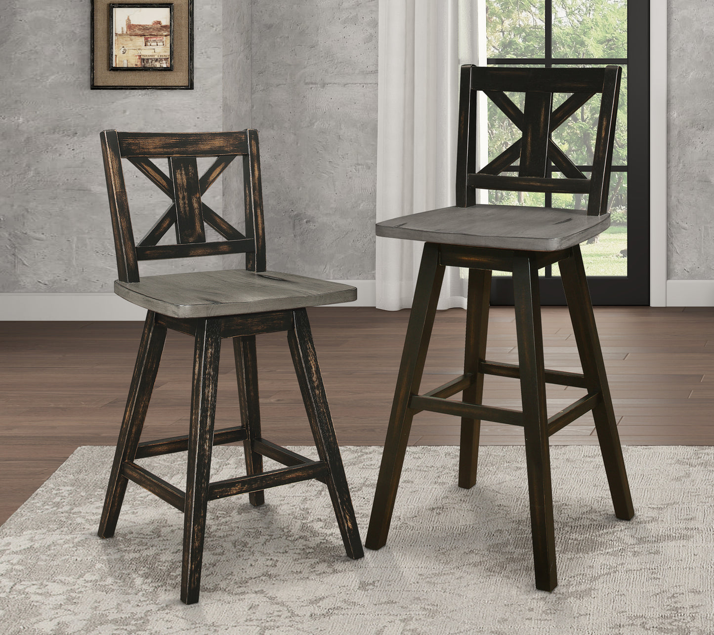 Hasting - Set of 2 - 29" Distressed Gray & Black 360° Swivel Pub Height Chairs - Solid Rubberwood X-Back Design, Bar Stool Chairs