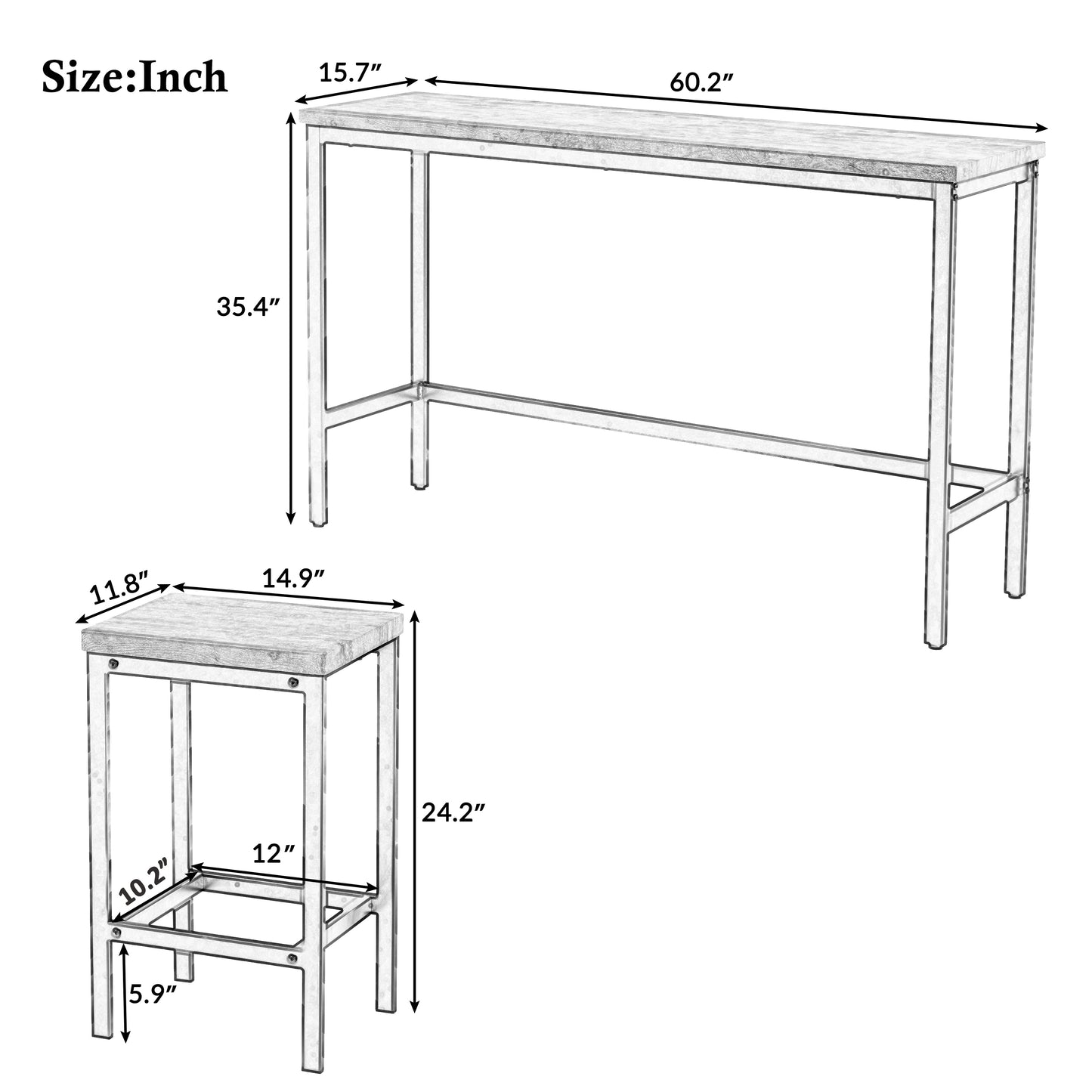 Thalor - Set of 2 - 24" Counter Height Stools with Extra Long 60.2" Brown Table and Footrest, Space-Saving Design