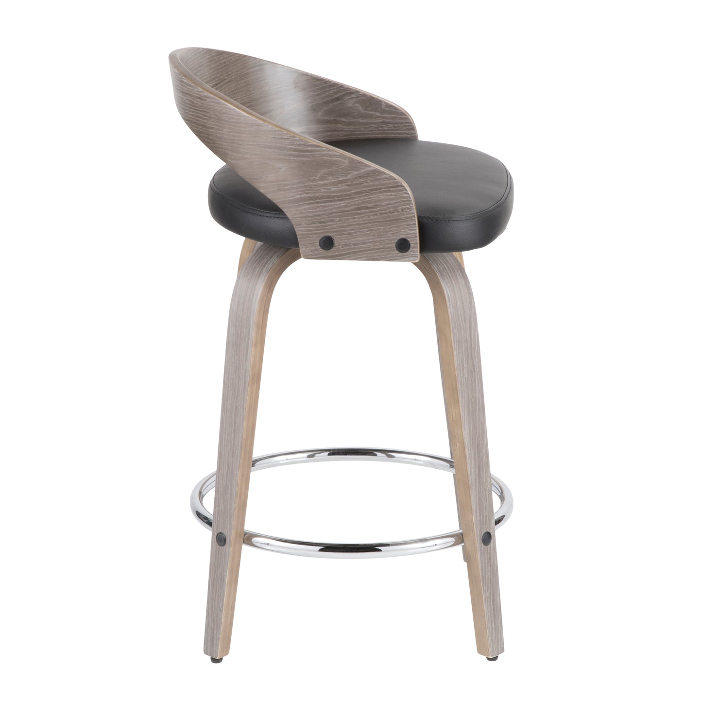 Marilo - Set of 2 - 25" Swivel Counter Stools with Light Grey Wood Frame and Black Faux Leather Seat