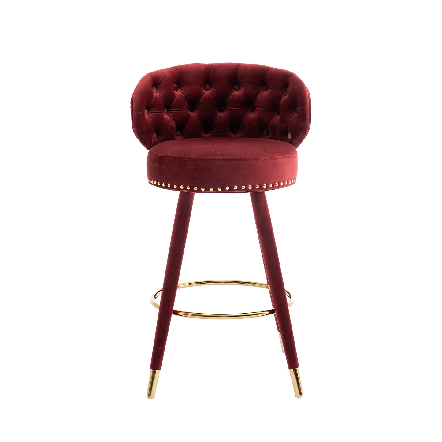 Cylvara - Set of 2 - 28" Claret Red Velvet Counter Height Bar Stools with Solid Wood Legs and 360° Swivel