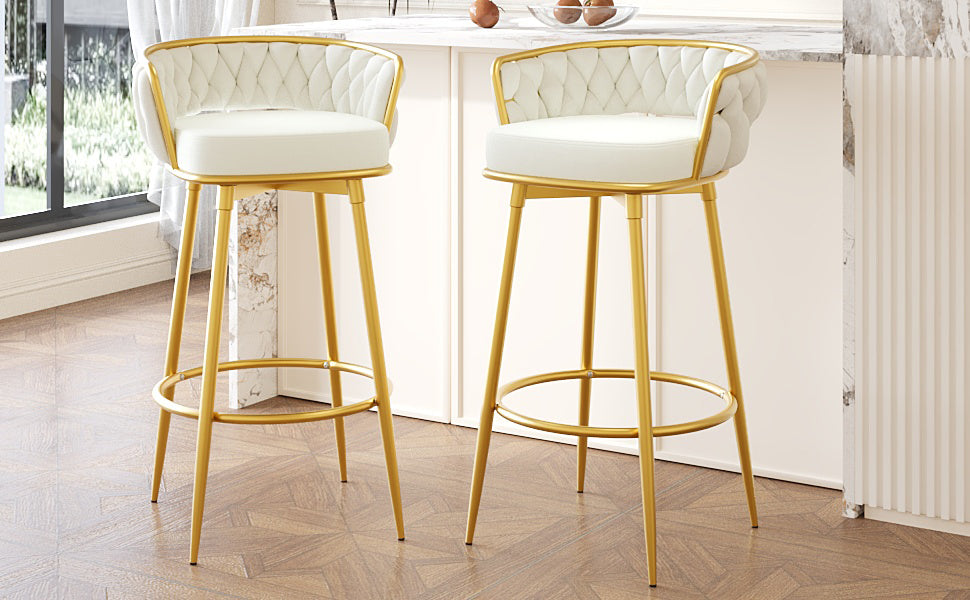 Stalbrook - Set of 2 - 31.5” Swivel Counter Height Bar Stools with Hand-Woven Backrest, Gold Metal Legs, Beige Upholstered Seats