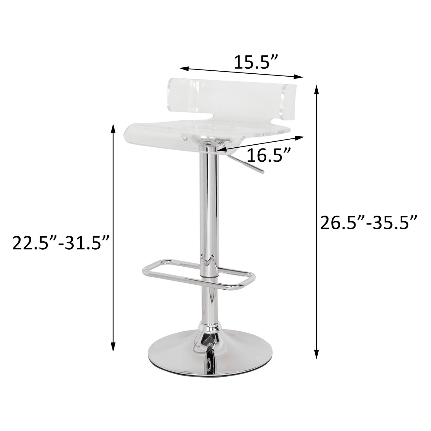 Meldrum- Set of 2 - 20" Clear & Chrome Adjustable Swivel Bar Stools, Modern Acrylic Seat with Low Backrest and 360° Swivel for Bar and Counter Heights