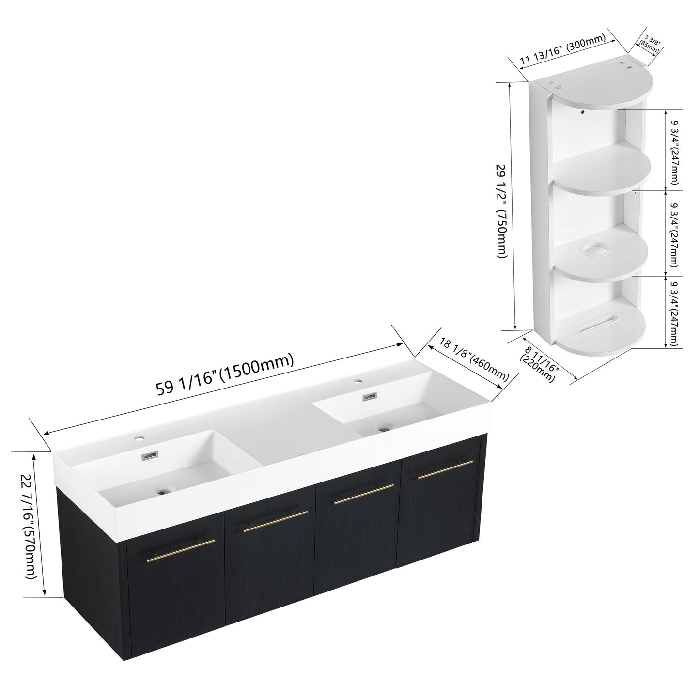 Modern Wall Mounted Bathroom Vanity With Left Sink And Storage Rack