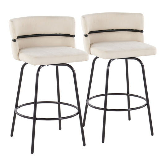 Chic - Set of 2 - 26" Cream Fabric Fixed-Height Swivel Counter Stools with Black Metal Frame