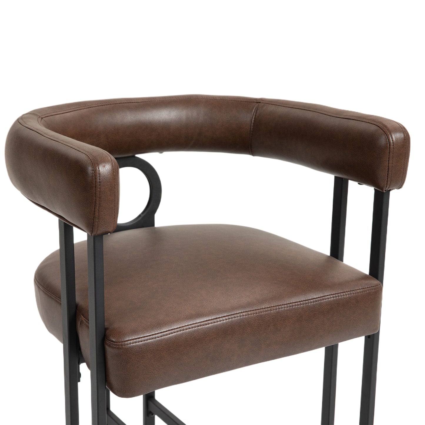 Callan - Set of 2 - 24" Dark Brown PU Bar Stools with Round Cushions, Curved Backrest, and Modern Black Metal Frame