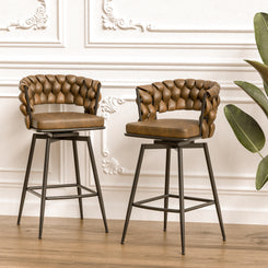 Millington- Set of 2 - 25" Woven Leather Counter Stools with 360° Swivel, Brown & Black Finish, Upholstered Technical Leather, Sturdy Metal Base