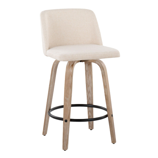 Nolan - Set of 2 - 24" Mid-Century Modern Counter Stools with Swivel Seats, White-Washed Wood Frame, Cream Fabric Upholstery, and Black Metal Footrest