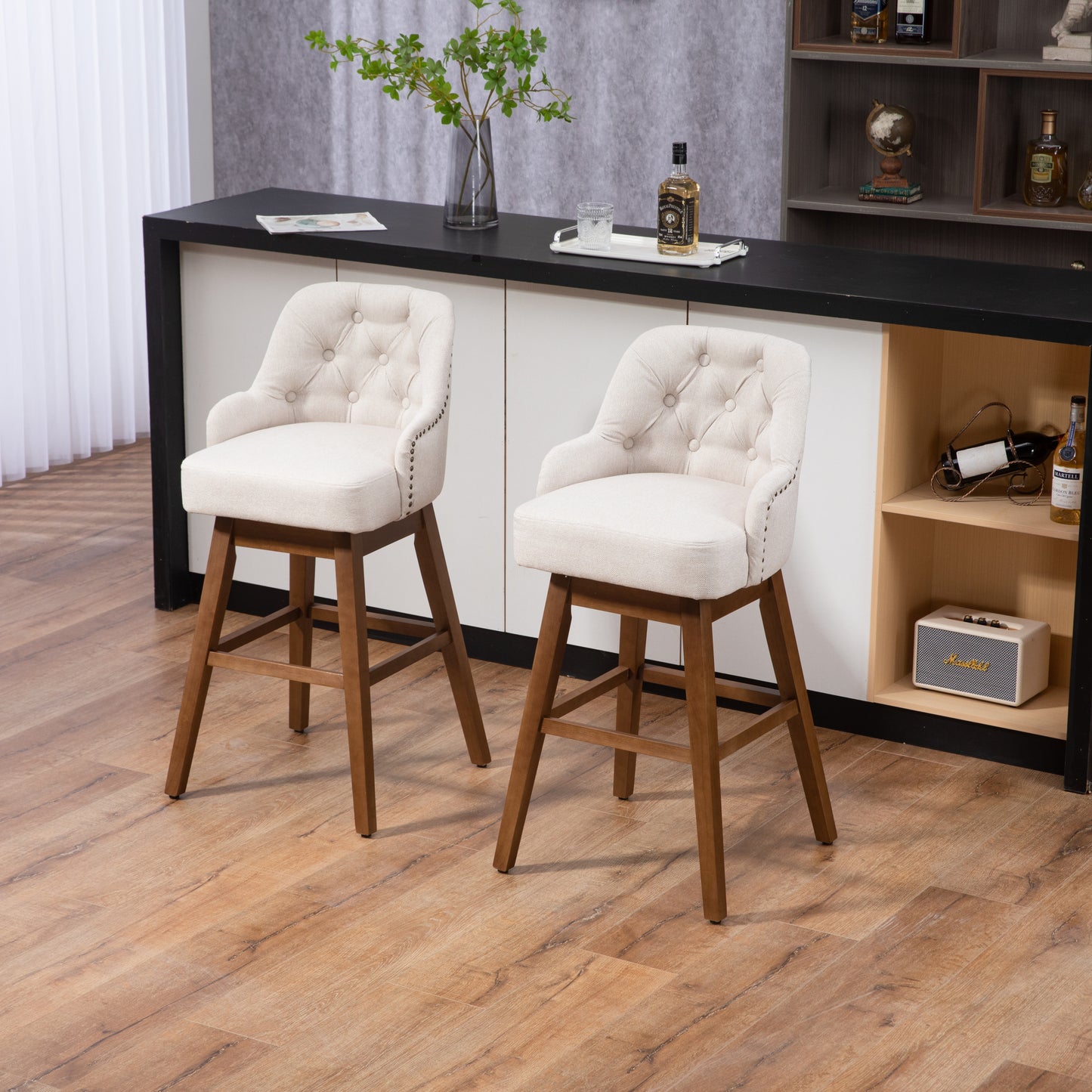 Hearth - Set of 2 - 29" Beige Linen Swivel Bar Stools with High Back and Solid Wood Legs