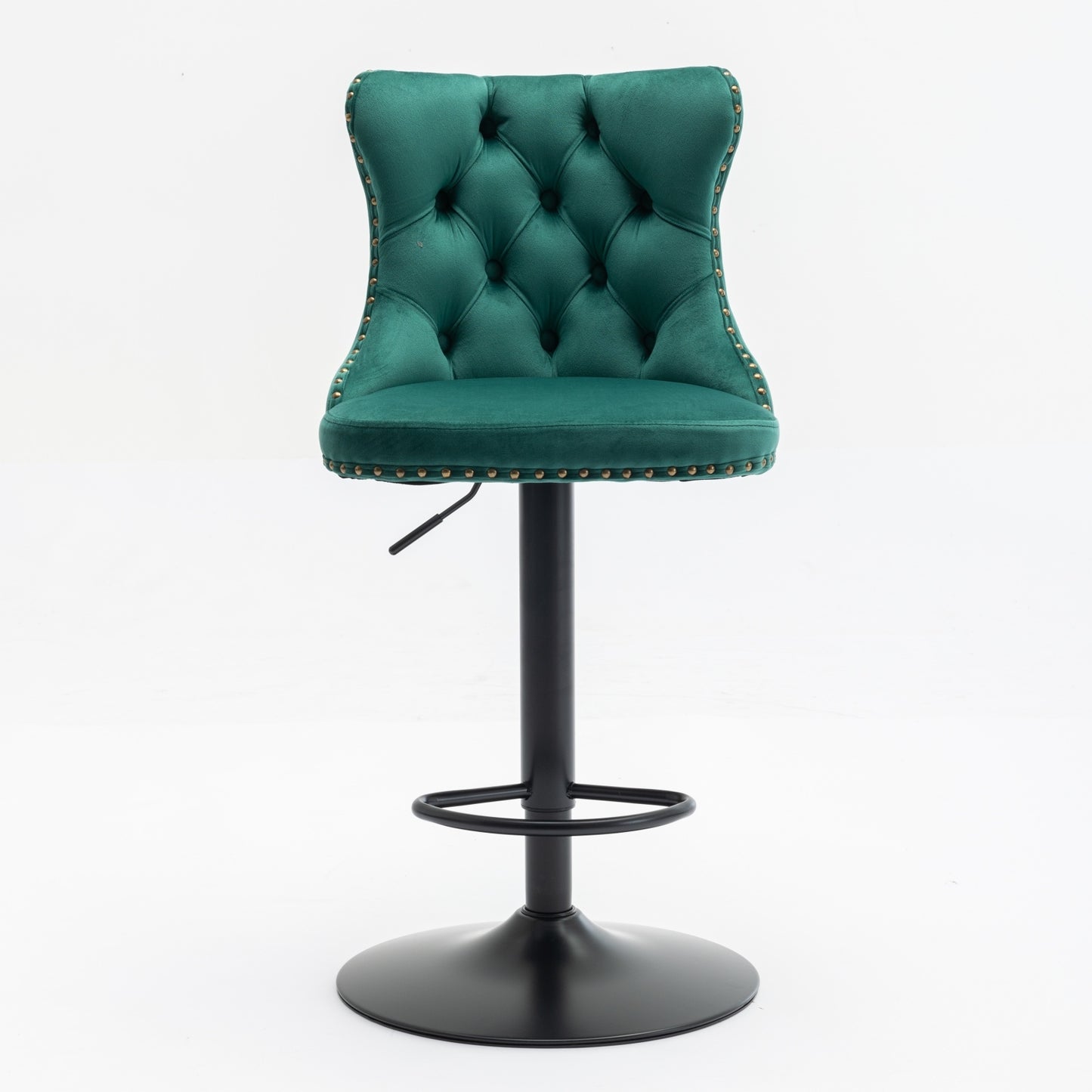 Luxury  - Set of 2 - 25" Green Velvet Swivel Barstools with Adjustable Seat Height, Upholstered Tufted Chairs & Copper Nailheads