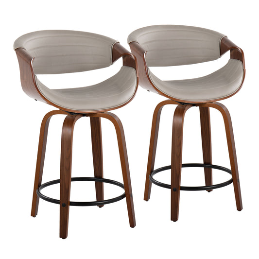 Wythera - Set of 2 - 24" Mid-Century Modern Walnut Swivel Counter Stools in Pewter Grey Faux Leather with Black Footrest