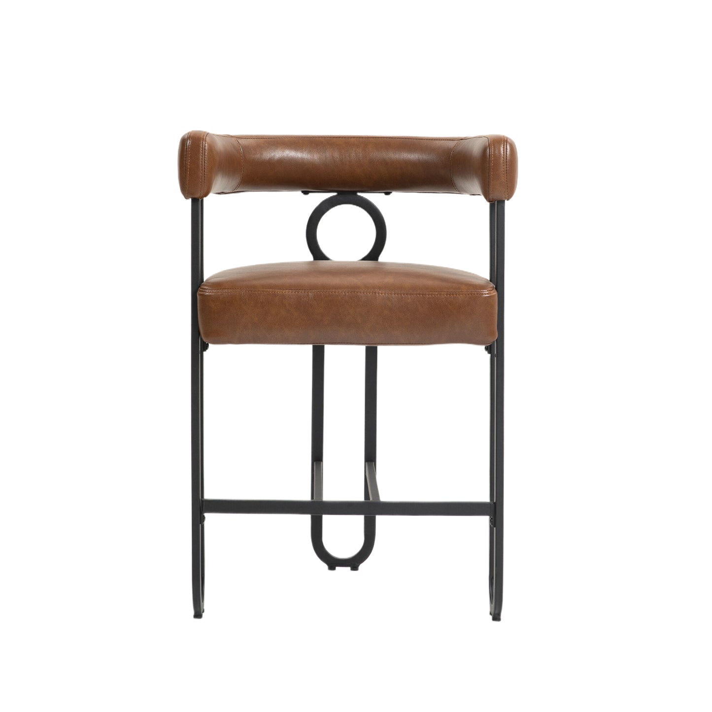 Liristh - Set of 2 - 24" Light Brown PU Upholstered Bar Stools, Modern Curved Backrest, Black Metal Legs