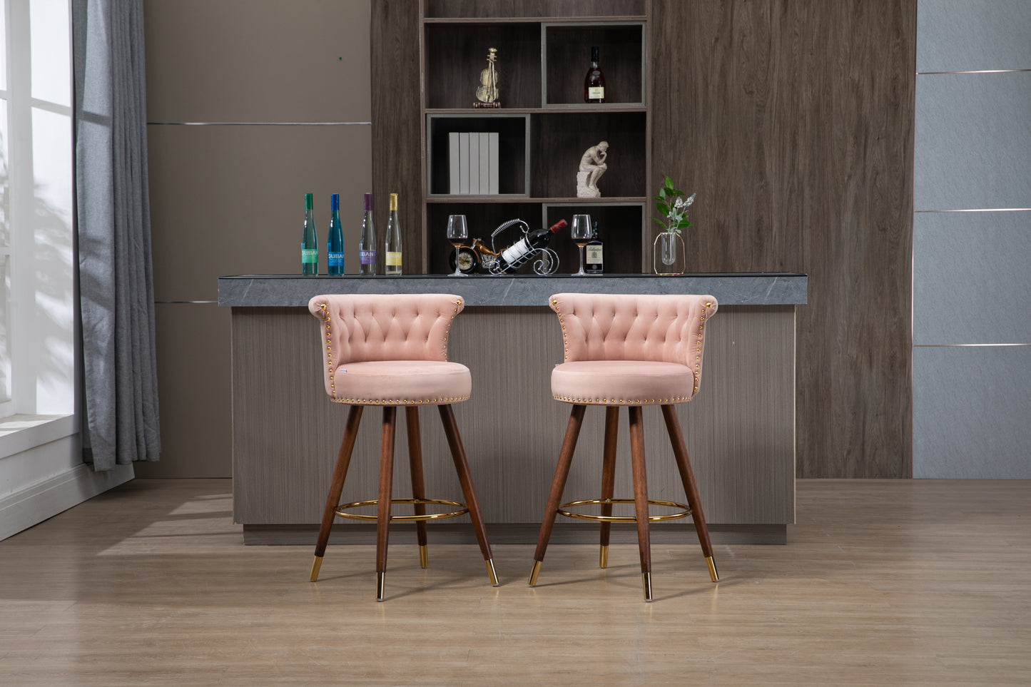 Viatora - Set of 2 - 27" Pink Swivel Solid Wood Bar Stools with High Back and Footrest