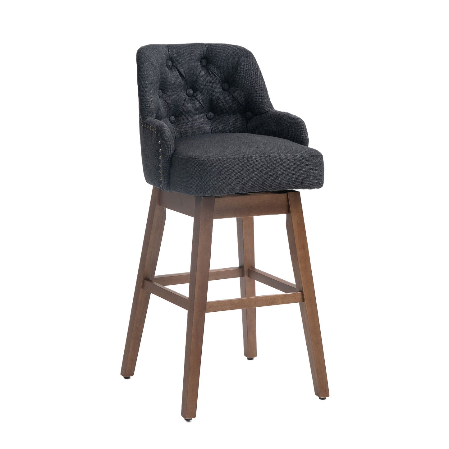 Vianna- Set of 2 - 30" Black Linen Counter Height Bar Stools with Button-Tufted Design, 360° Swivel, and Solid Wood Legs